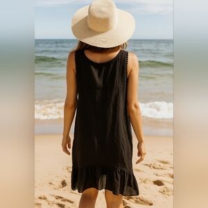 New Sleeveless Linen Silk Asymmetric Ruffle Hem Maxi Dress BLACK sz XS -M Italy